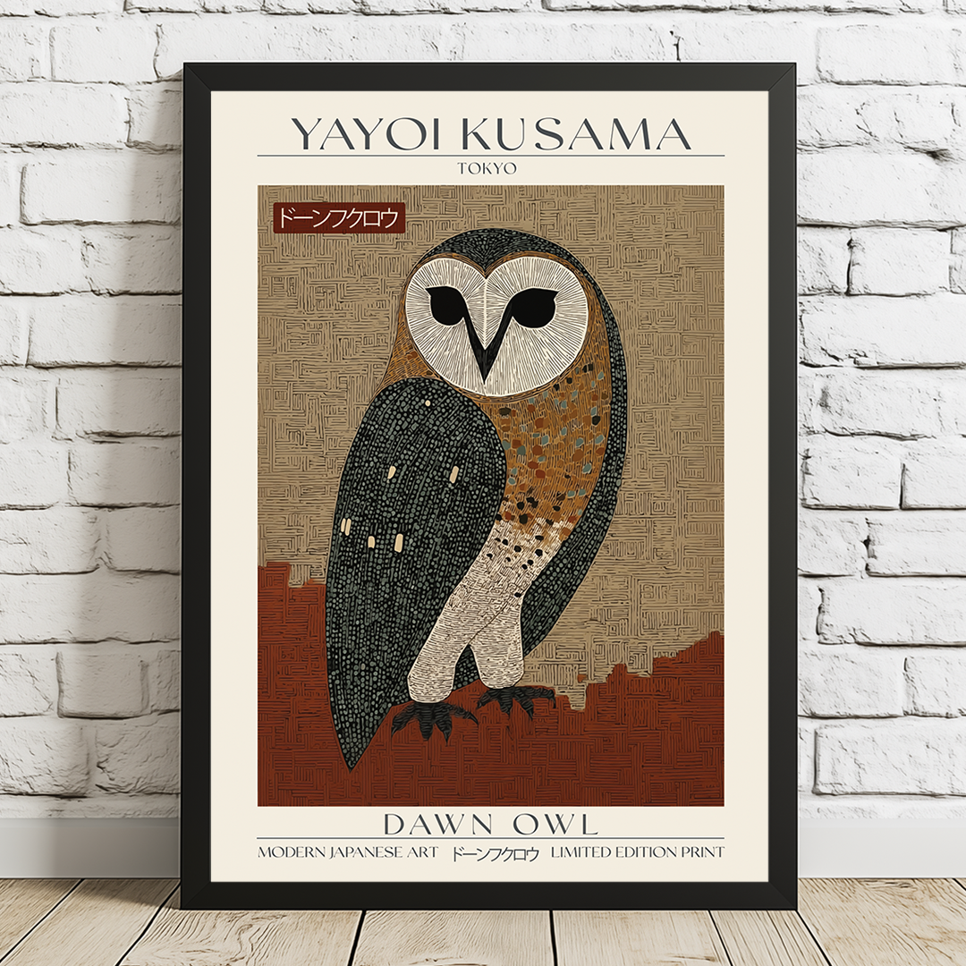 Modern Japanese art print featuring a stylized owl in earthy brown and beige tones with intricate geometric patterns, inspired by Yayoi Kusama’s style. Limited edition wall art on premium archival paper.