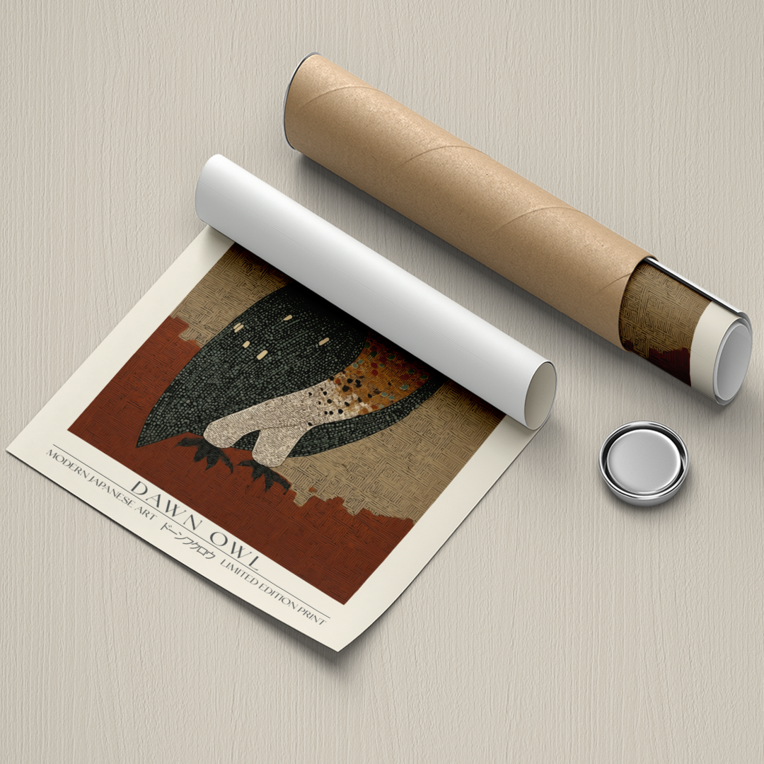 Modern Japanese art print featuring a stylized owl in earthy brown and beige tones with intricate geometric patterns, inspired by Yayoi Kusama’s style. Limited edition wall art on premium archival paper.