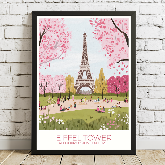 Custom Eiffel Tower print with personalized text, perfect for Paris travel memories.