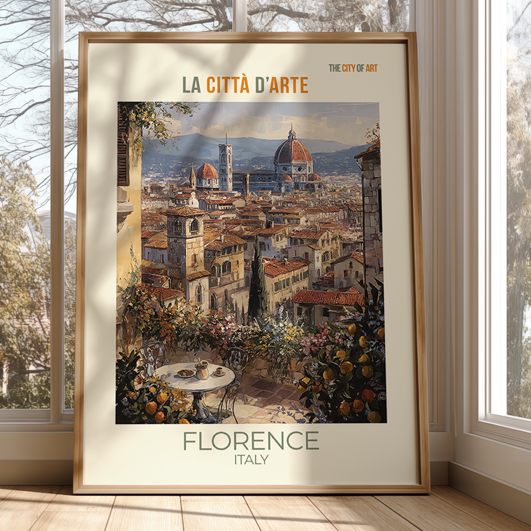 Framed poster of Florence, Italy with a scenic view of the city.