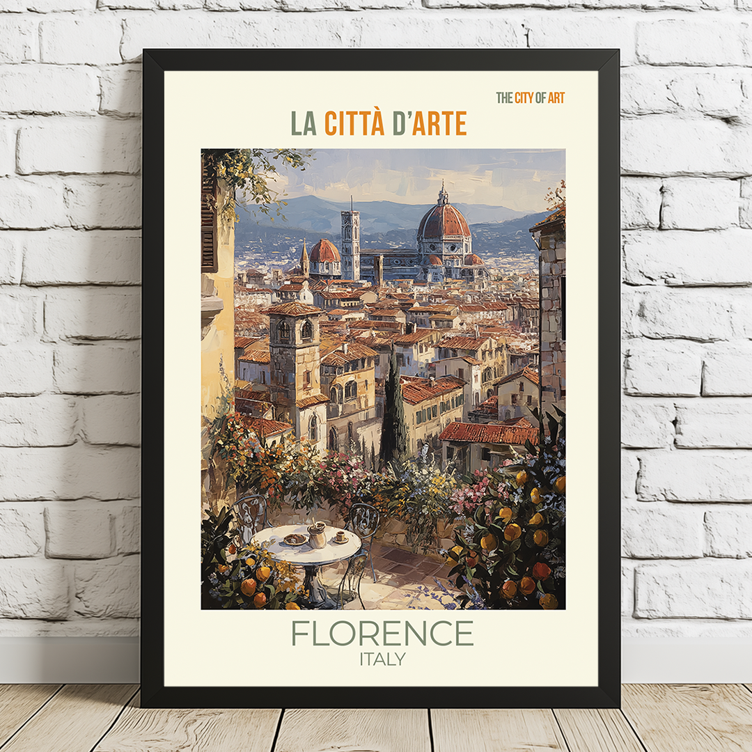 Framed artwork of Florence, Italy with a view of the cityscape.