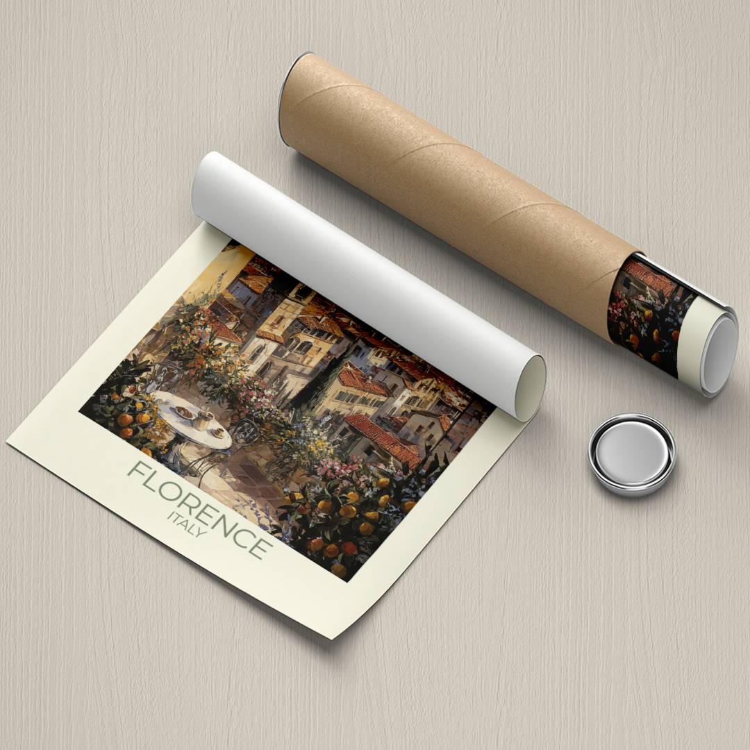Roll of paper with a scenic print labeled 'Florence, Italy' on a textured surface.
