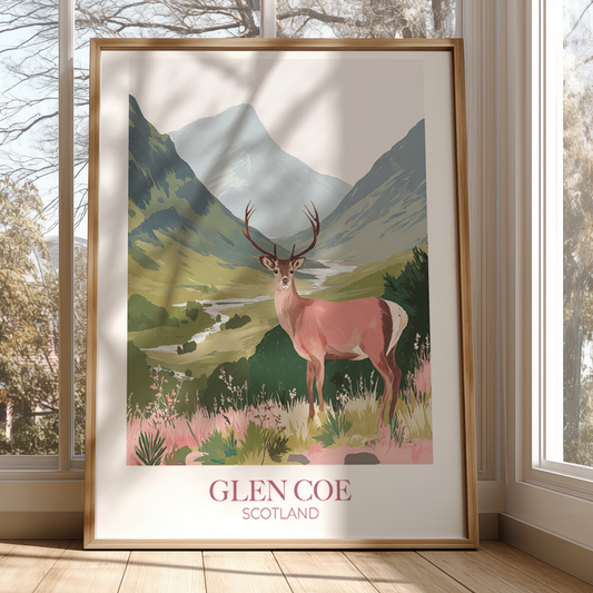 Framed artwork of a deer in a mountainous landscape with 'Glen Coe Scotland' text.