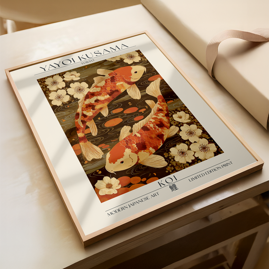 Framed artwork of Koi fish and flowers by Yayoi Kusama on a wooden surface.