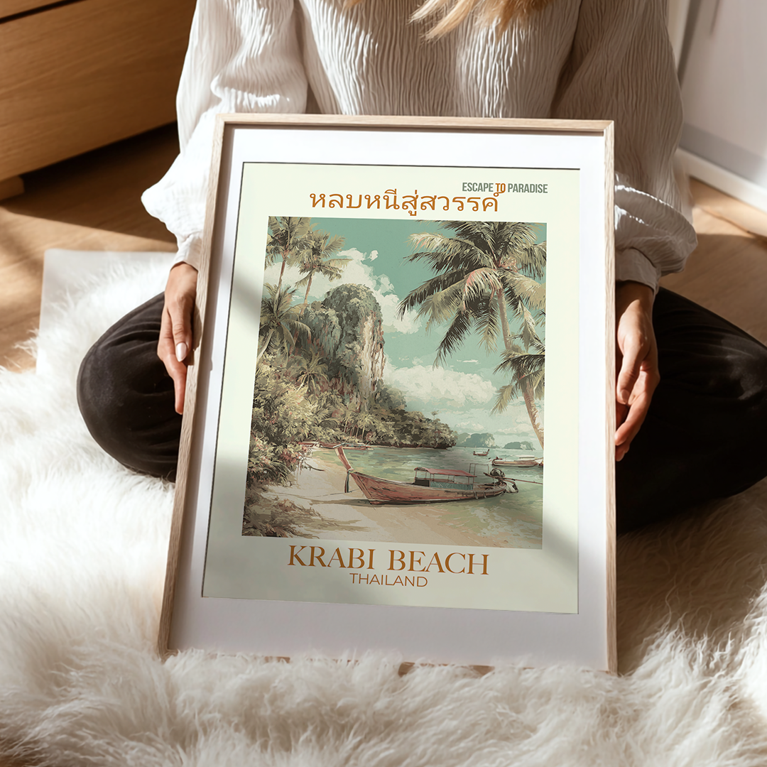 Person holding a framed poster of Krabi Beach, Thailand