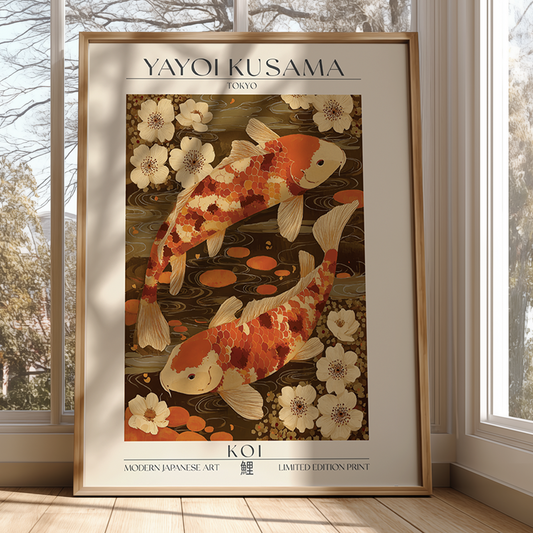 Framed Yayoi Kusama art print of koi fish and flowers in a room with large windows.