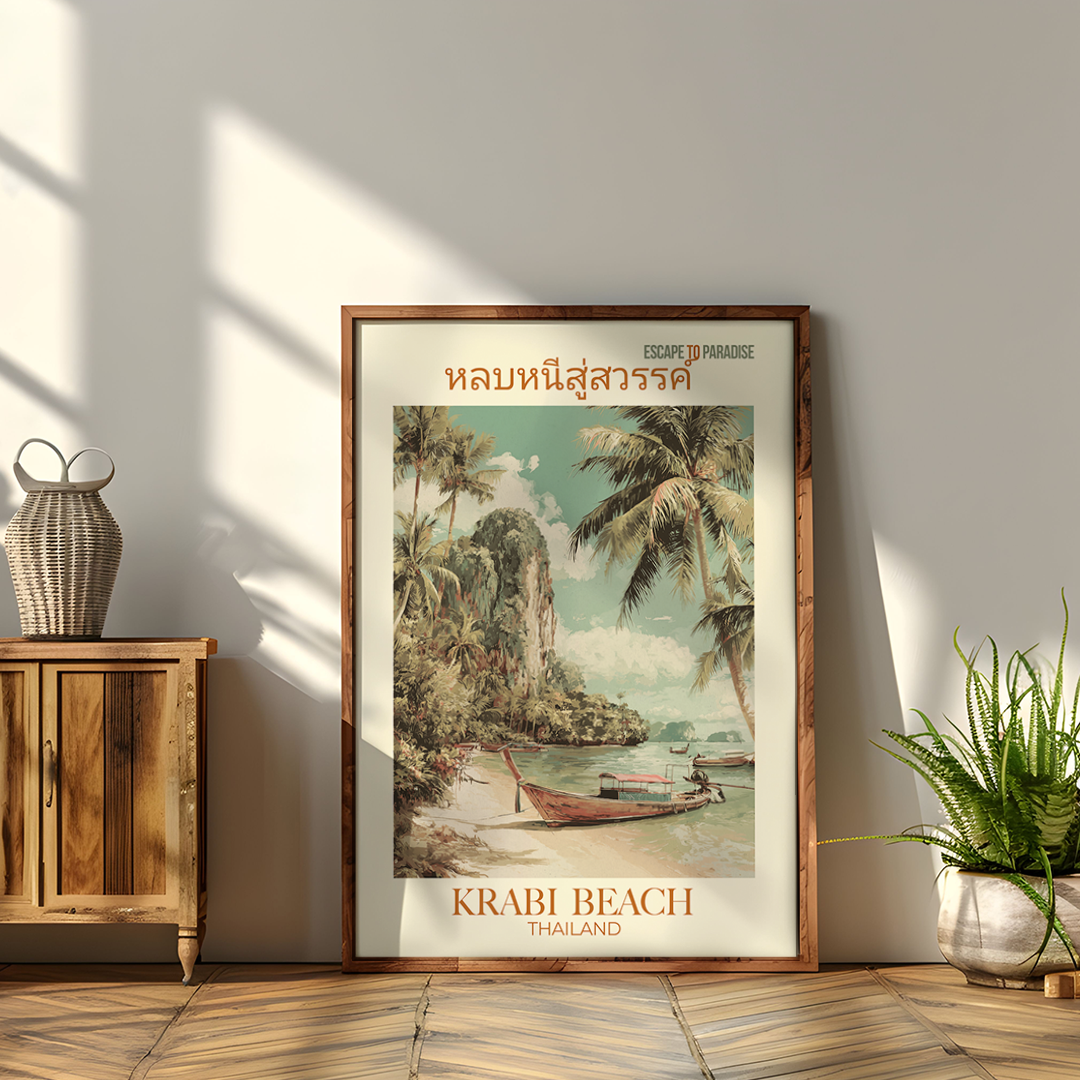 Framed Krabi Beach Thailand poster on a wall with wooden cabinet and plant.
