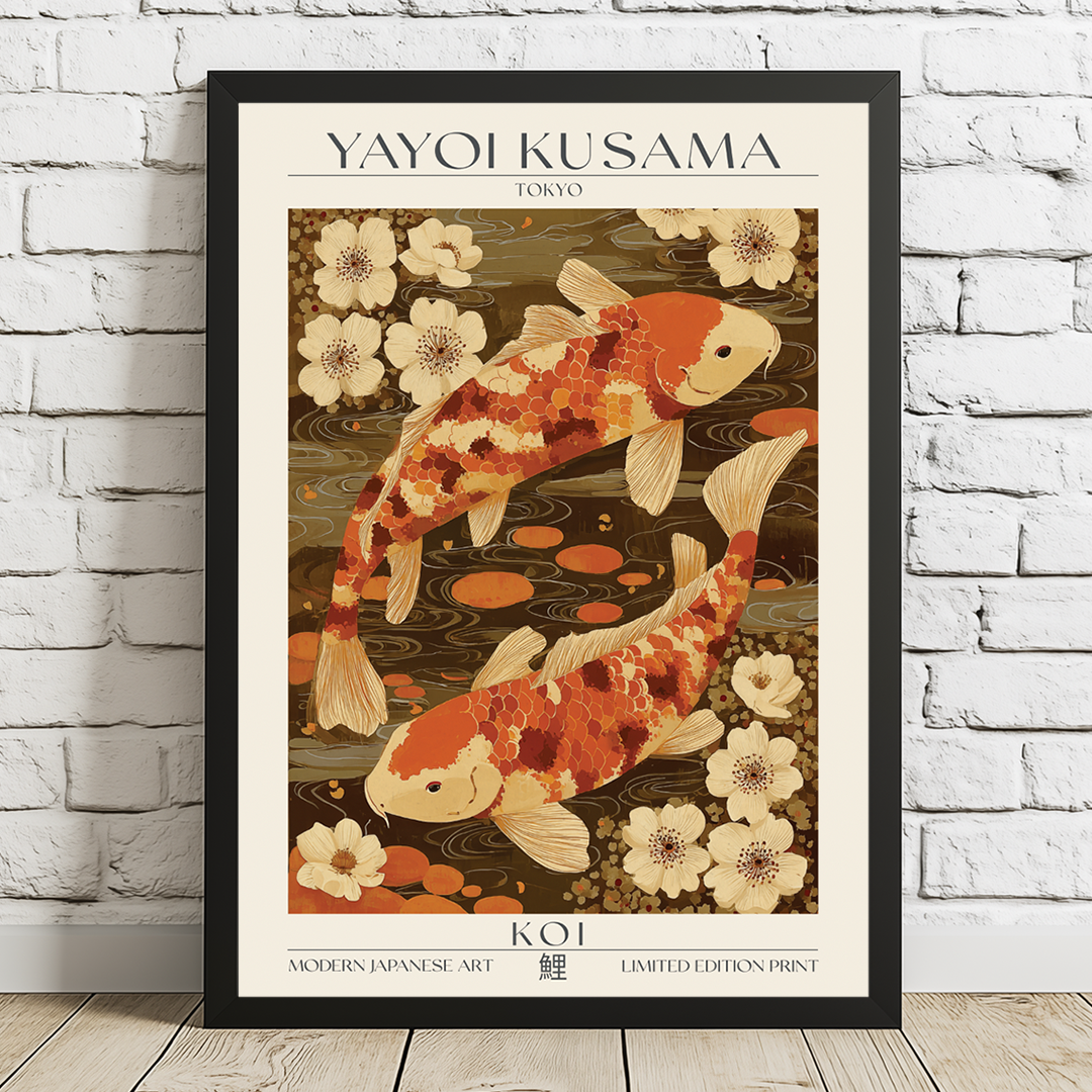 Framed Yayoi Kusama poster with koi fish and flowers on a white brick wall.