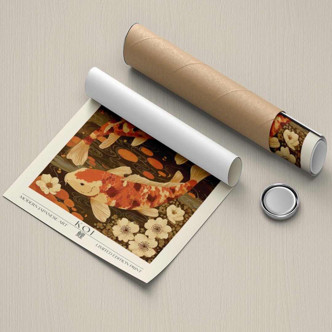 Unrolled poster with koi fish design on a beige surface