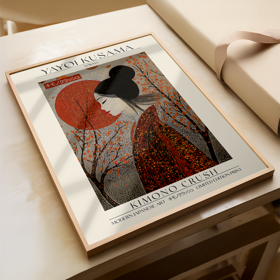 Playful Japanese art print of a woman in a vibrant patterned kimono against a bold red sun and blooming branches, inspired by Yayoi Kusama’s modern style. Limited edition wall art.