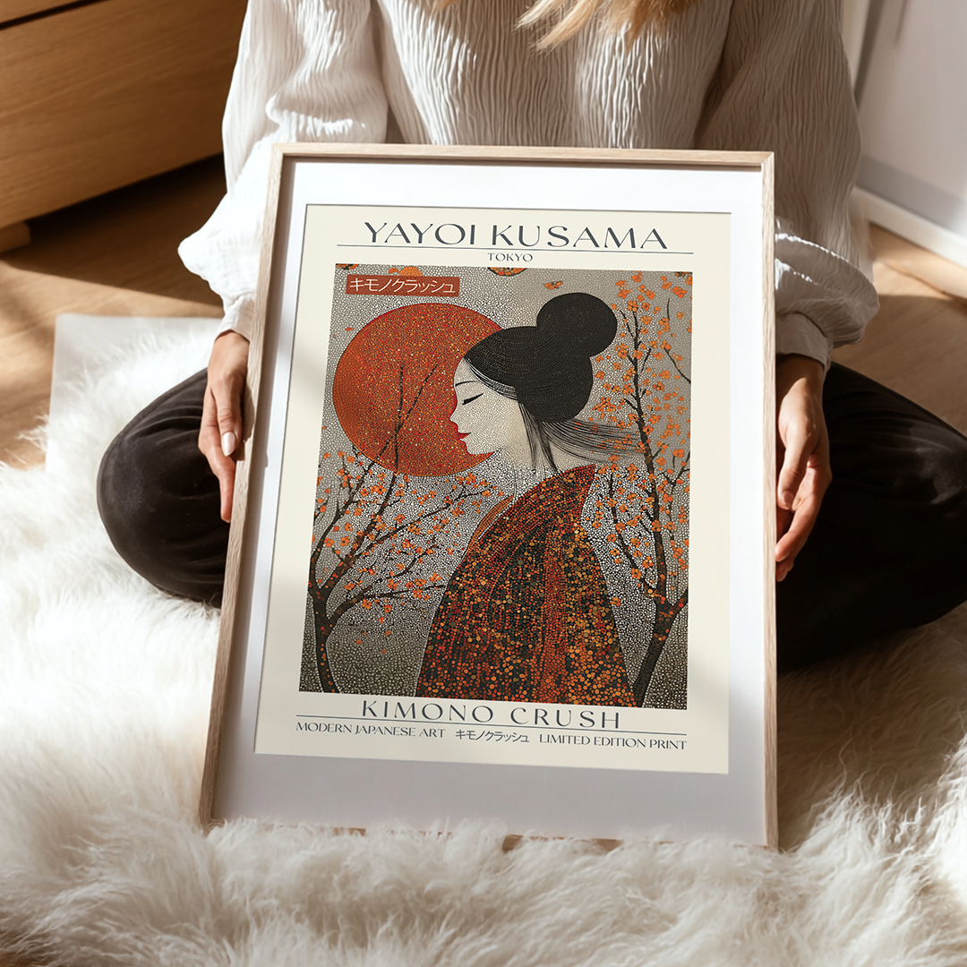 Playful Japanese art print of a woman in a vibrant patterned kimono against a bold red sun and blooming branches, inspired by Yayoi Kusama’s modern style. Limited edition wall art.