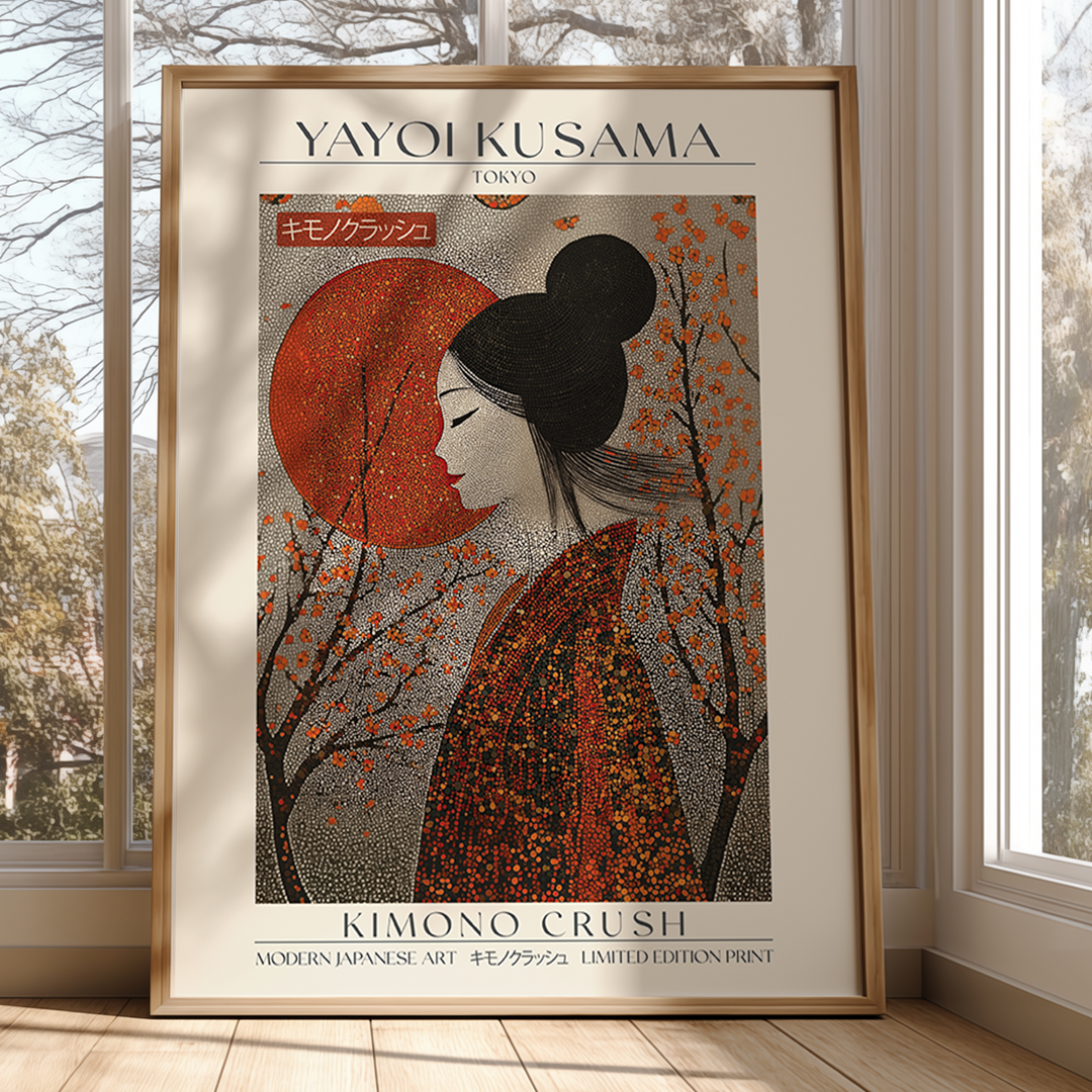 Playful Japanese art print of a woman in a vibrant patterned kimono against a bold red sun and blooming branches, inspired by Yayoi Kusama’s modern style. Limited edition wall art.