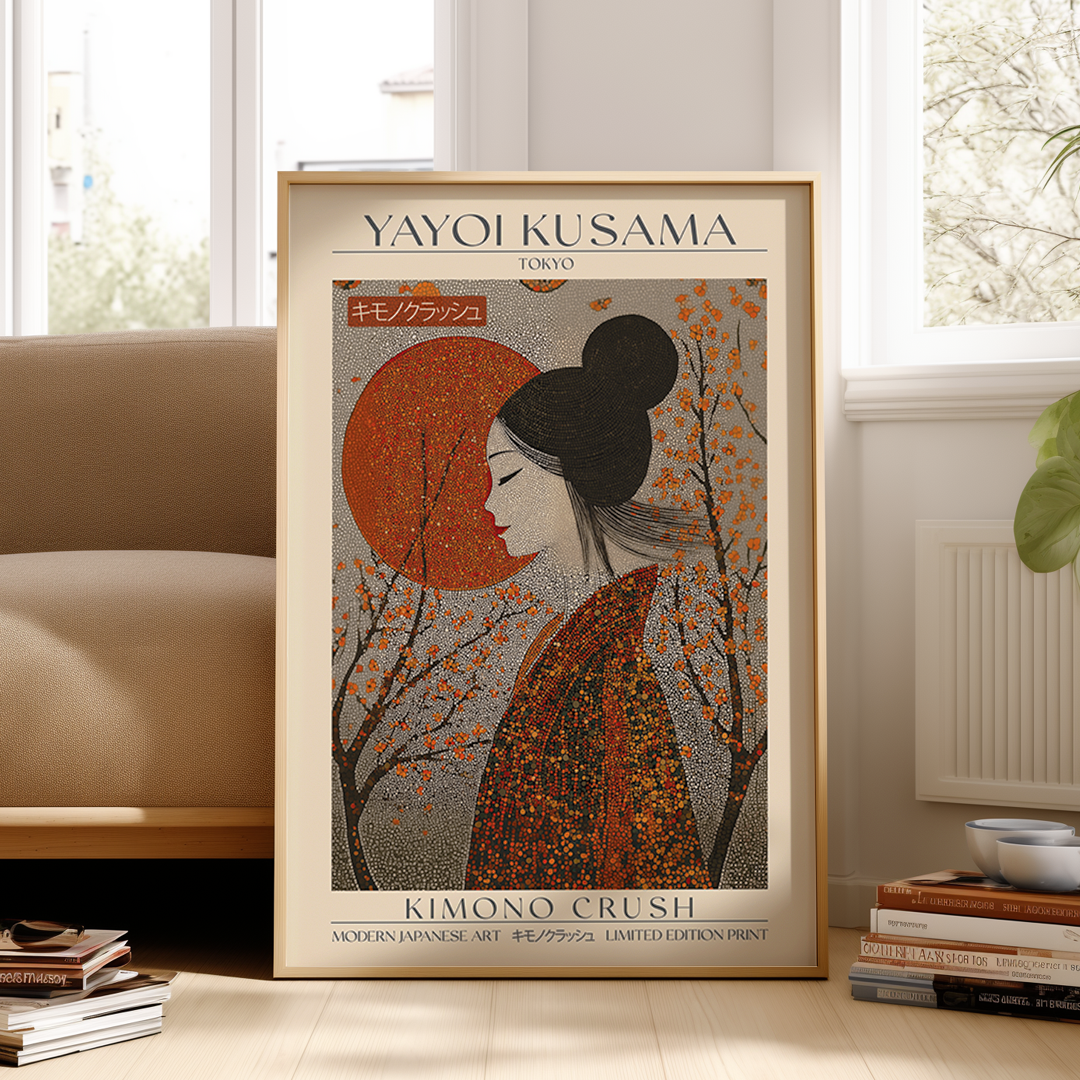 Playful Japanese art print of a woman in a vibrant patterned kimono against a bold red sun and blooming branches, inspired by Yayoi Kusama’s modern style. Limited edition wall art.