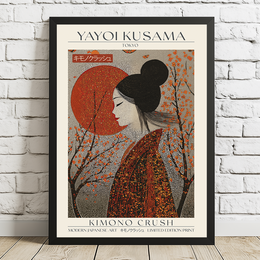 Playful Japanese art print of a woman in a vibrant patterned kimono against a bold red sun and blooming branches, inspired by Yayoi Kusama’s modern style. Limited edition wall art.