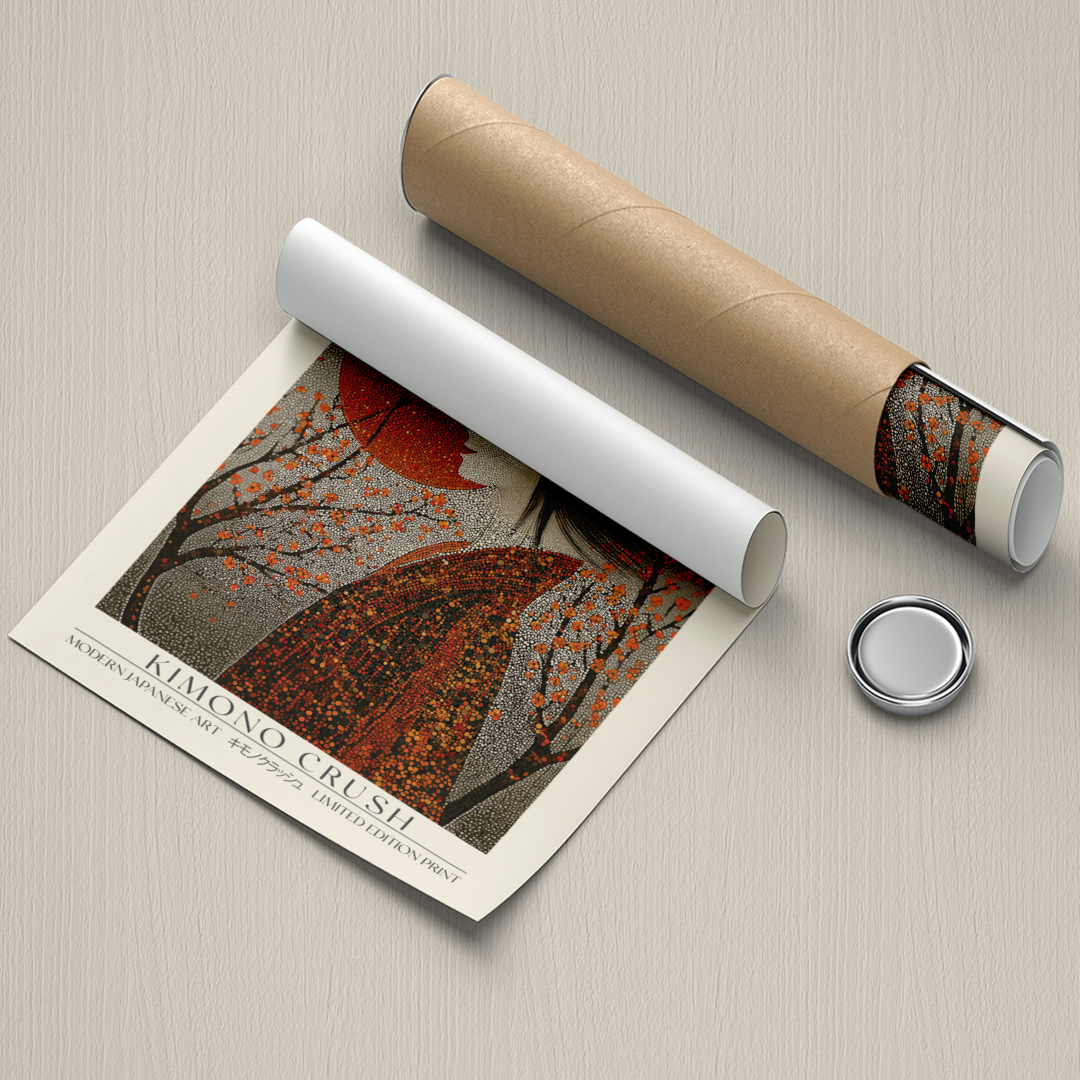 Playful Japanese art print of a woman in a vibrant patterned kimono against a bold red sun and blooming branches, inspired by Yayoi Kusama’s modern style. Limited edition wall art.