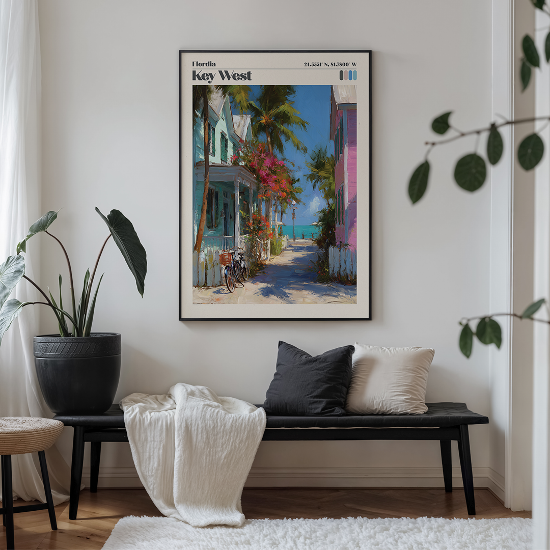 Living room with a bench, plant, and Key West-themed wall art