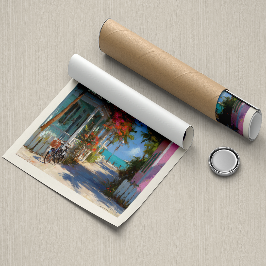 Rolled-up artwork on a flat surface with a cylindrical object and button nearby.