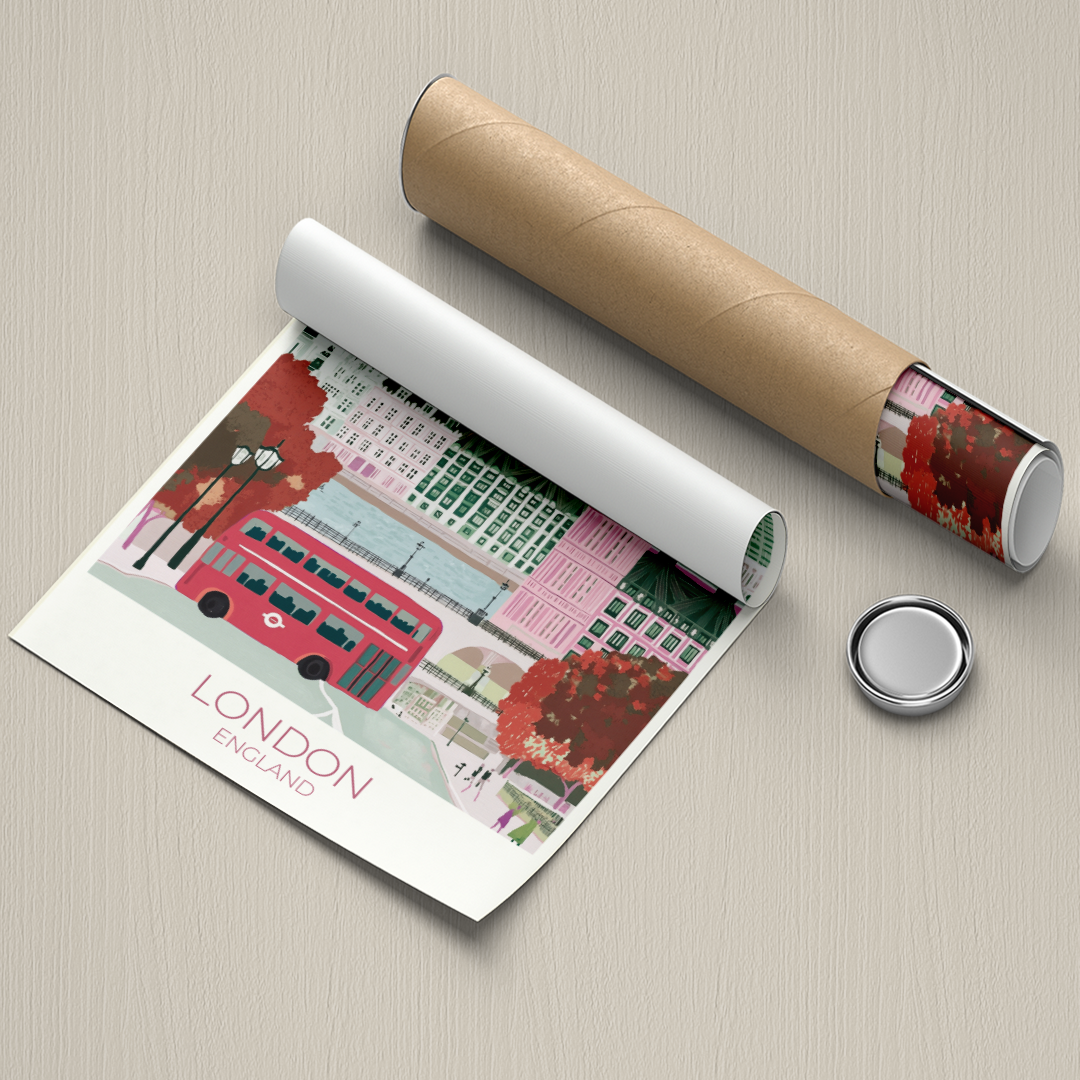 Roll of paper with a London-themed design on a beige surface