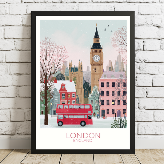 Framed artwork of London with Big Ben and a red double-decker bus on a white brick wall background.