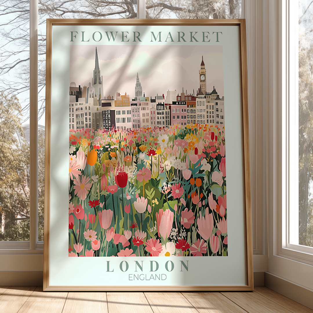Framed artwork of a flower market in London with city skyline