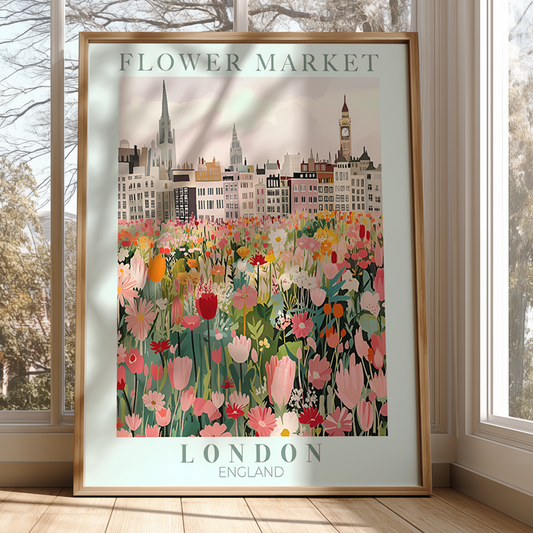 Framed artwork of a flower market in London with city skyline