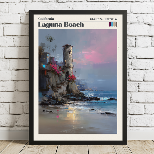 Framed artwork of Laguna Beach, California with a beach scene and tower.