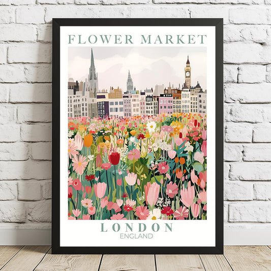 Illustrated poster of the London Flower Market featuring vibrant floral arrangements in the foreground and iconic London architecture, including Big Ben and a red double-decker bus, in the background. Styled in a cozy interior with natural light and plants