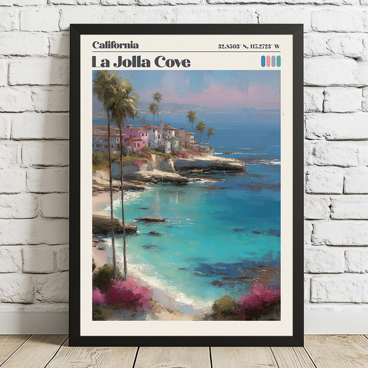 La Jolla pastel travel print with turquoise coves, cliffs & map coordinates. Premium California coastal wall art for US homes. Museum‑quality archival print. 