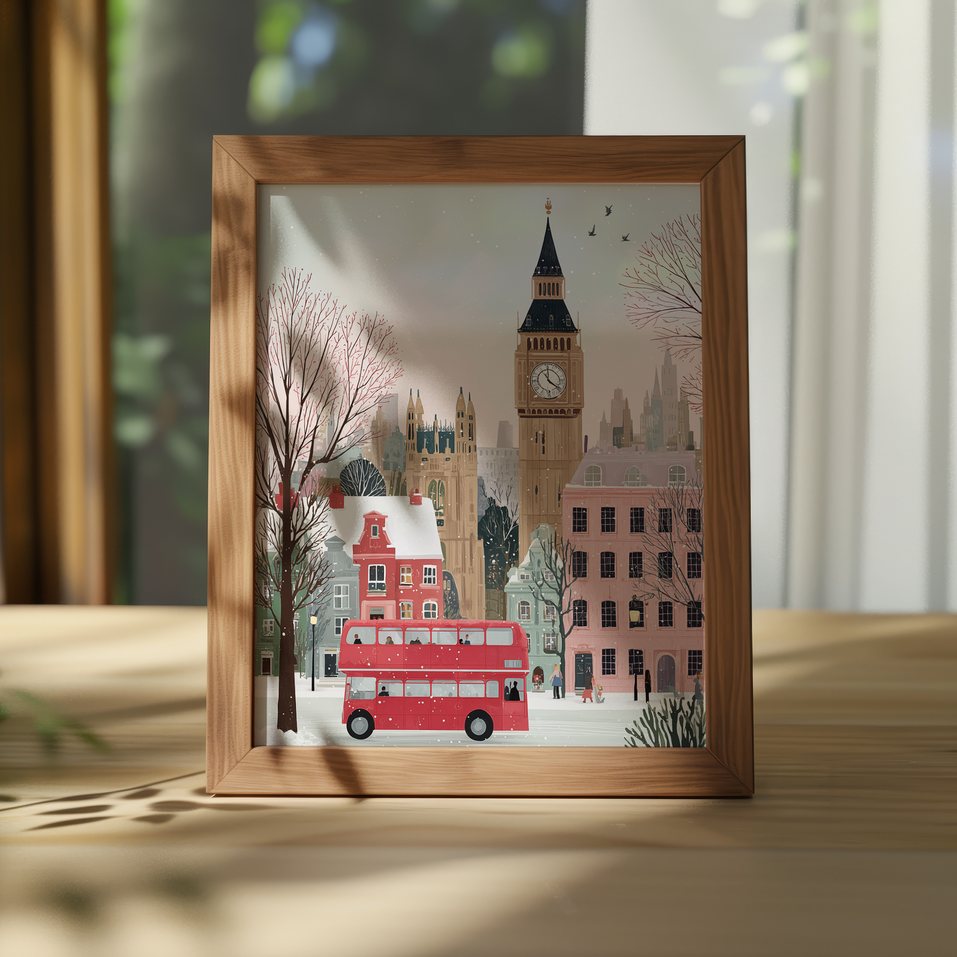 Framed artwork of a cityscape with Big Ben and a red double-decker bus on a wooden surface.