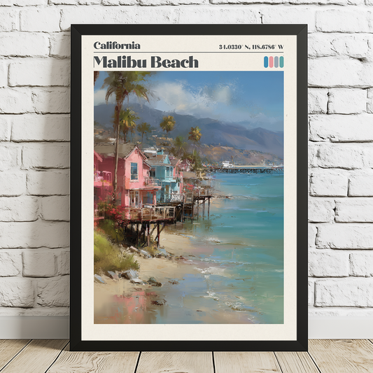 Framed artwork of Malibu Beach with colorful houses and ocean view.