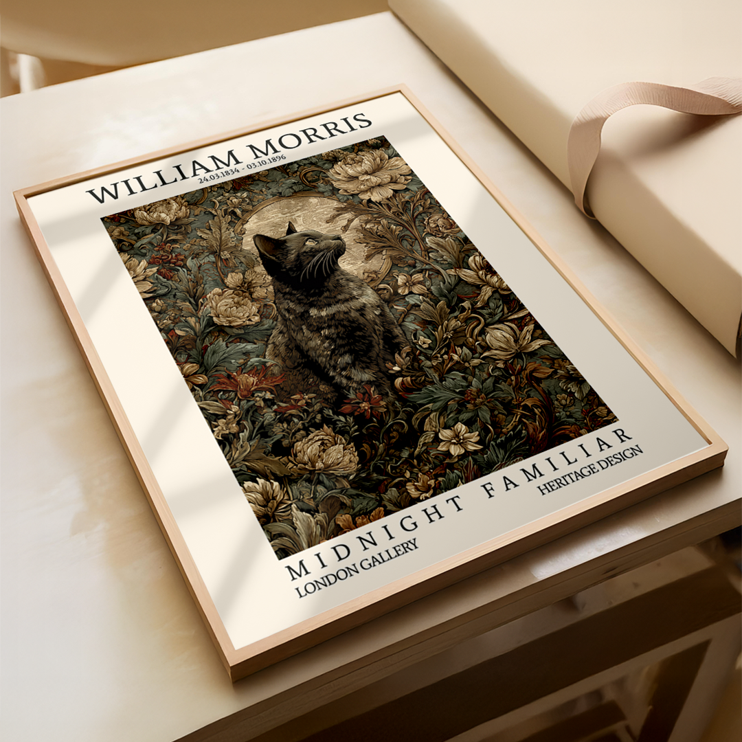Framed artwork of a cat on a floral background with 'William Morris' branding.
