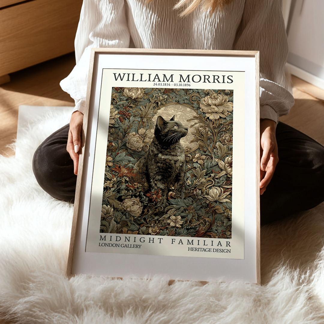 Person holding a framed poster with a cat illustration and 'William Morris' text.
