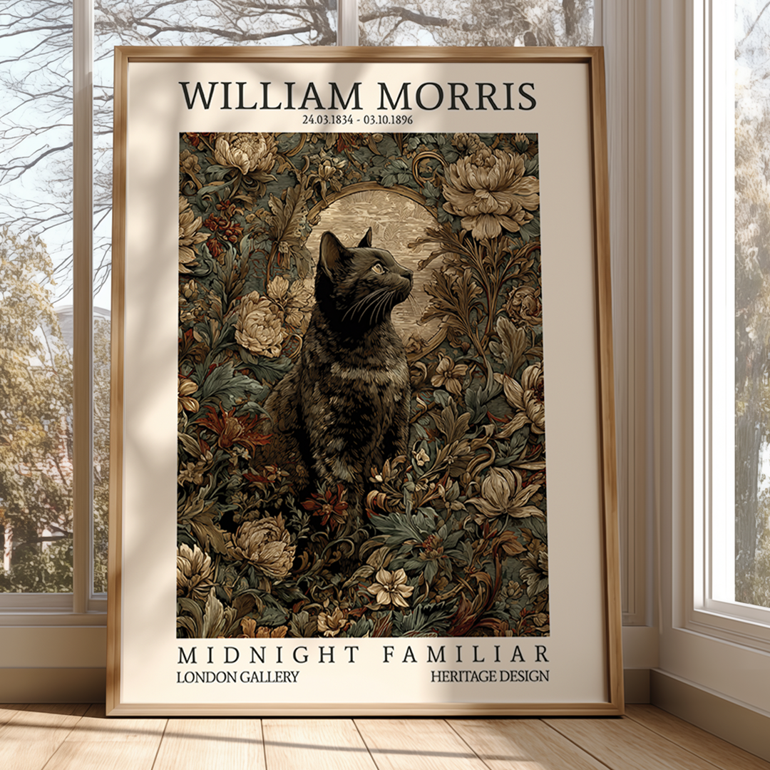 Framed artwork of a cat among flowers with 'William Morris' text, displayed in a room with large windows.