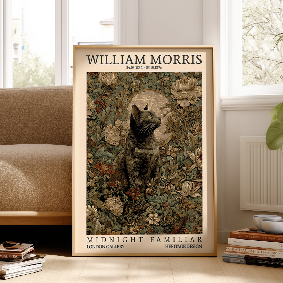 Framed artwork of a cat among flowers with 'William Morris' text in a room setting.