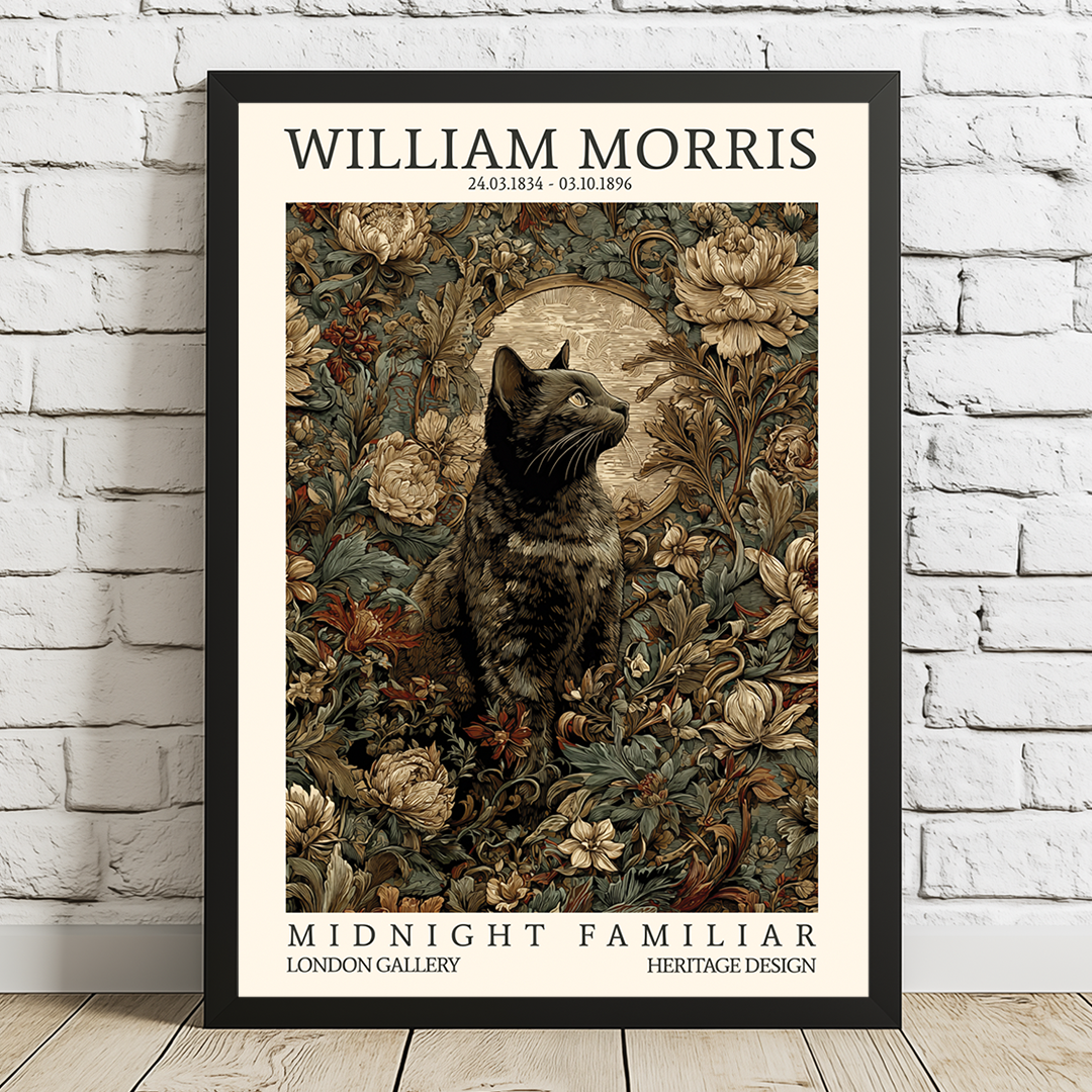 Framed artwork of a cat surrounded by flowers on a white brick wall.