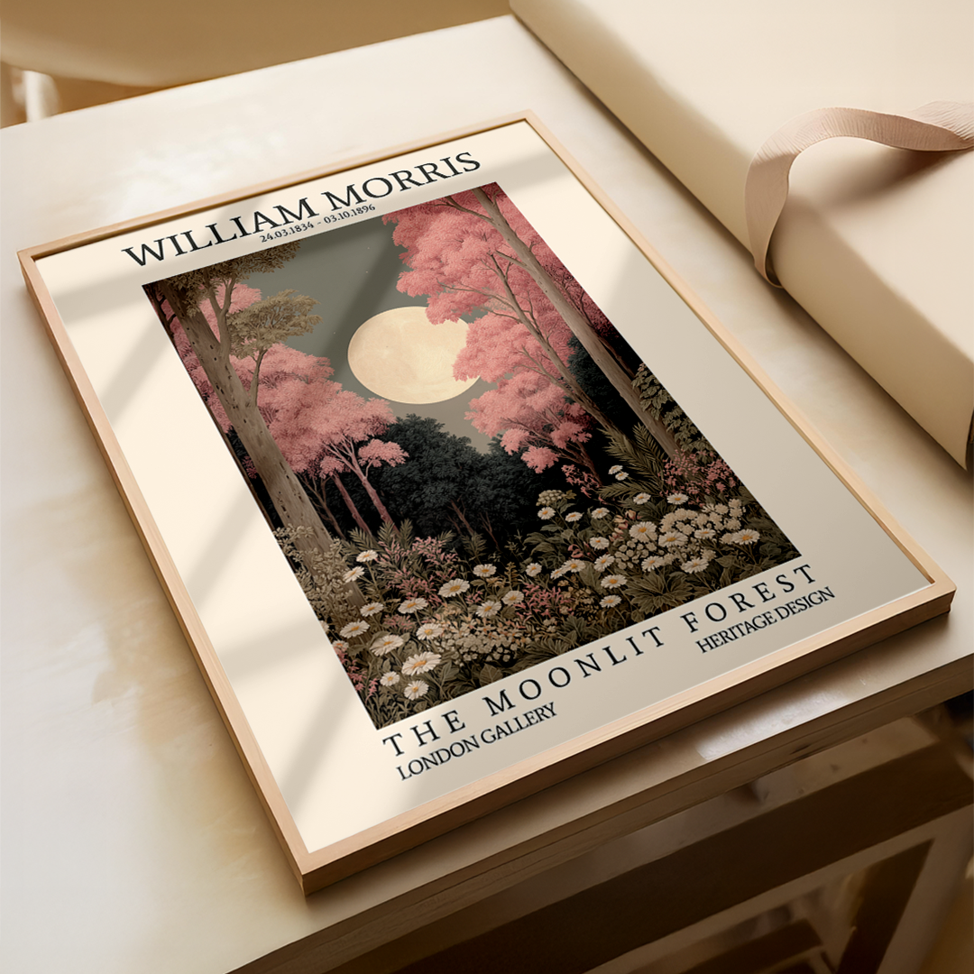 Framed artwork titled 'The Moonlit Forest' by William Morris on a wooden surface.