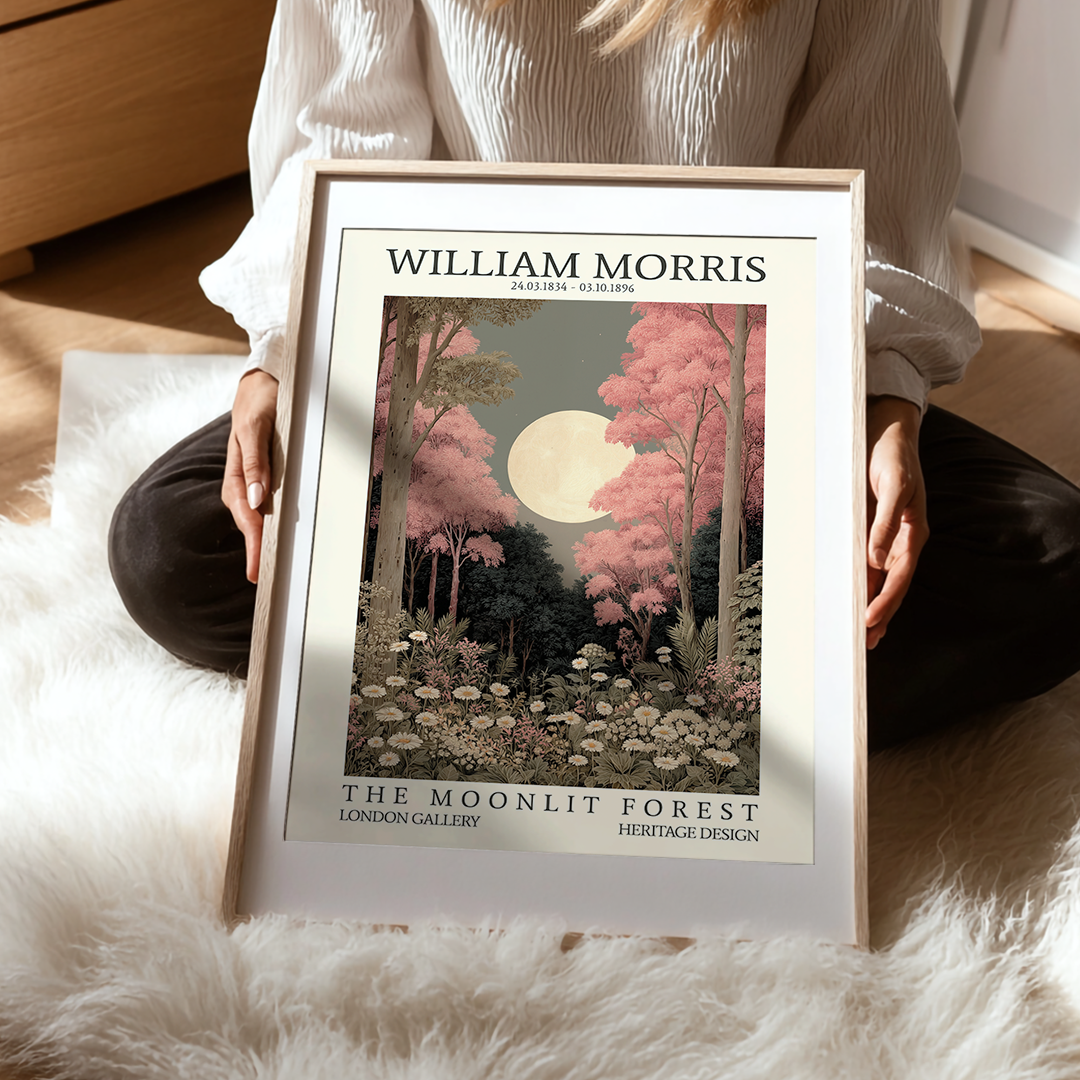 Person holding a framed print titled 'The Moonlit Forest' by William Morris on a soft surface.