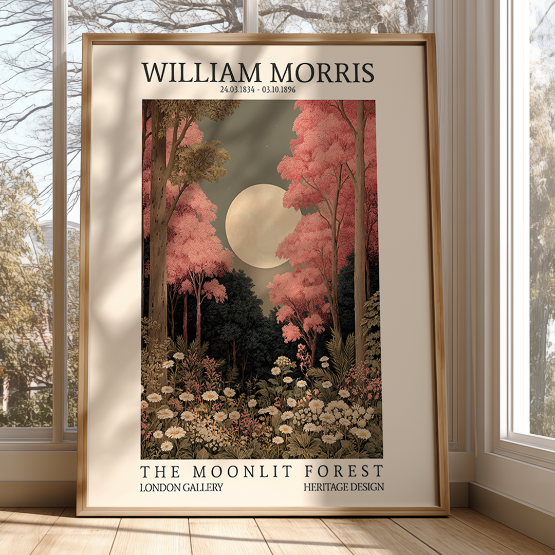 Framed artwork of 'The Moonlit Forest' by William Morris in a room with large windows.