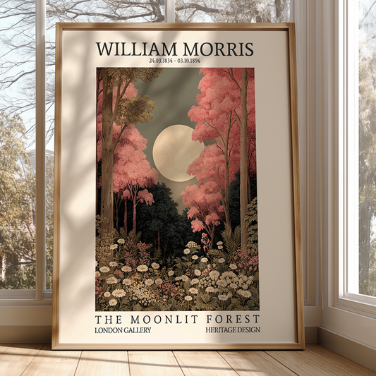 Framed artwork of 'The Moonlit Forest' by William Morris in a room with large windows.