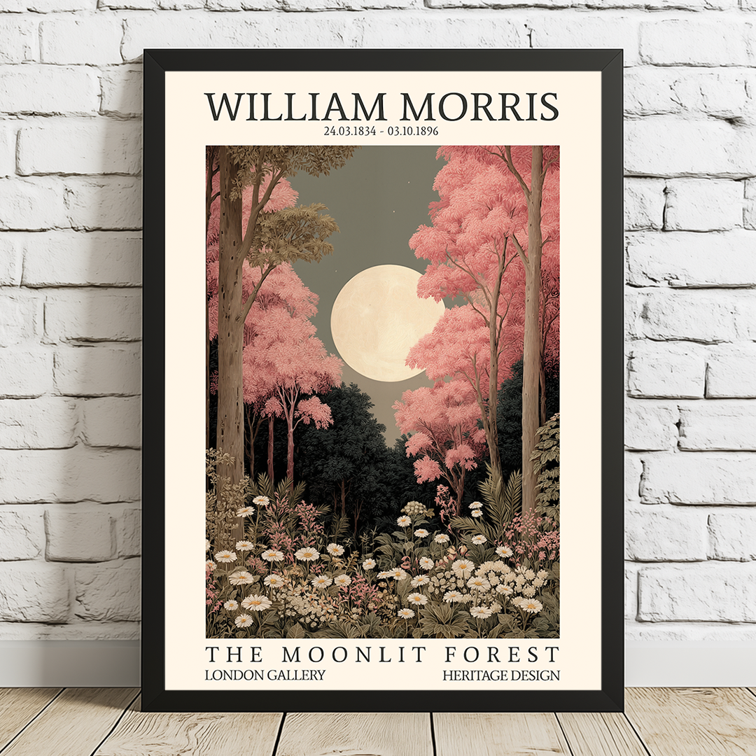 Framed artwork of 'The Moonlit Forest' by William Morris on a white brick wall.
