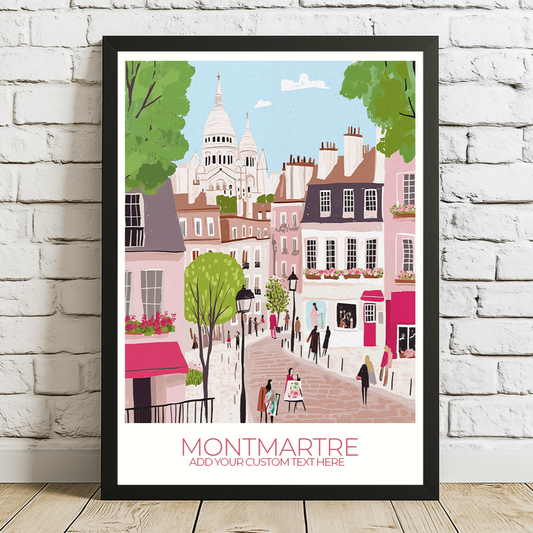 Custom Montmartre print with personalized text, perfect for Paris travel memories.