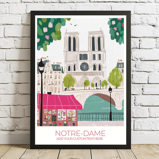 Custom Notre-Dame print with personalized text, perfect for Paris travel memories.