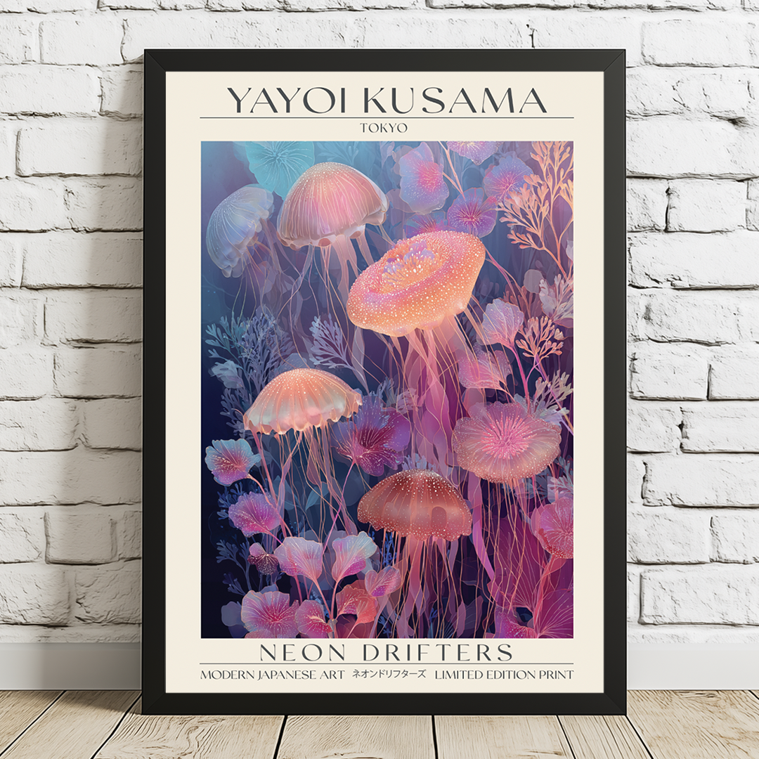 Framed artwork of jellyfish with 'Yayoi Kusama' branding on a white brick wall.