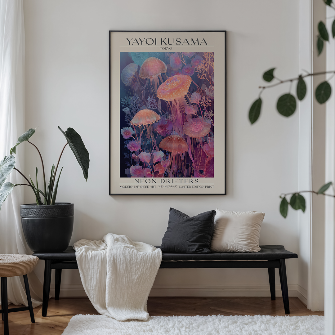 Living room with a bench, plant, and Yayoi Kusama poster on the wall.