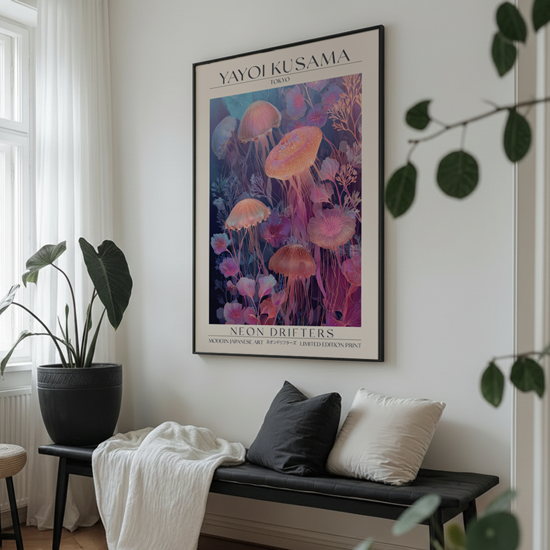 Living room with a bench, cushions, and a colorful poster of jellyfish on the wall.