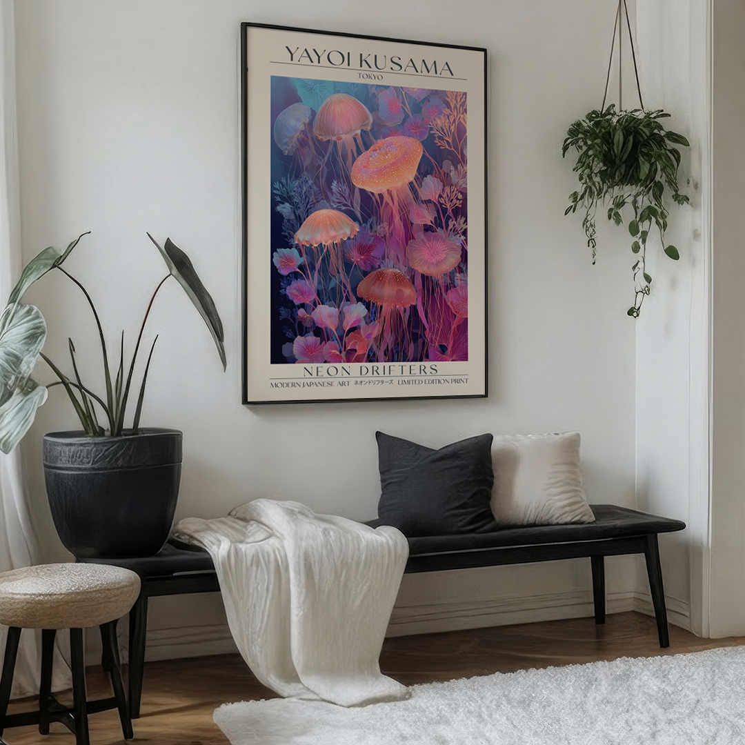 Living room with a bench, plants, and a colorful Yayoi Kusama poster.