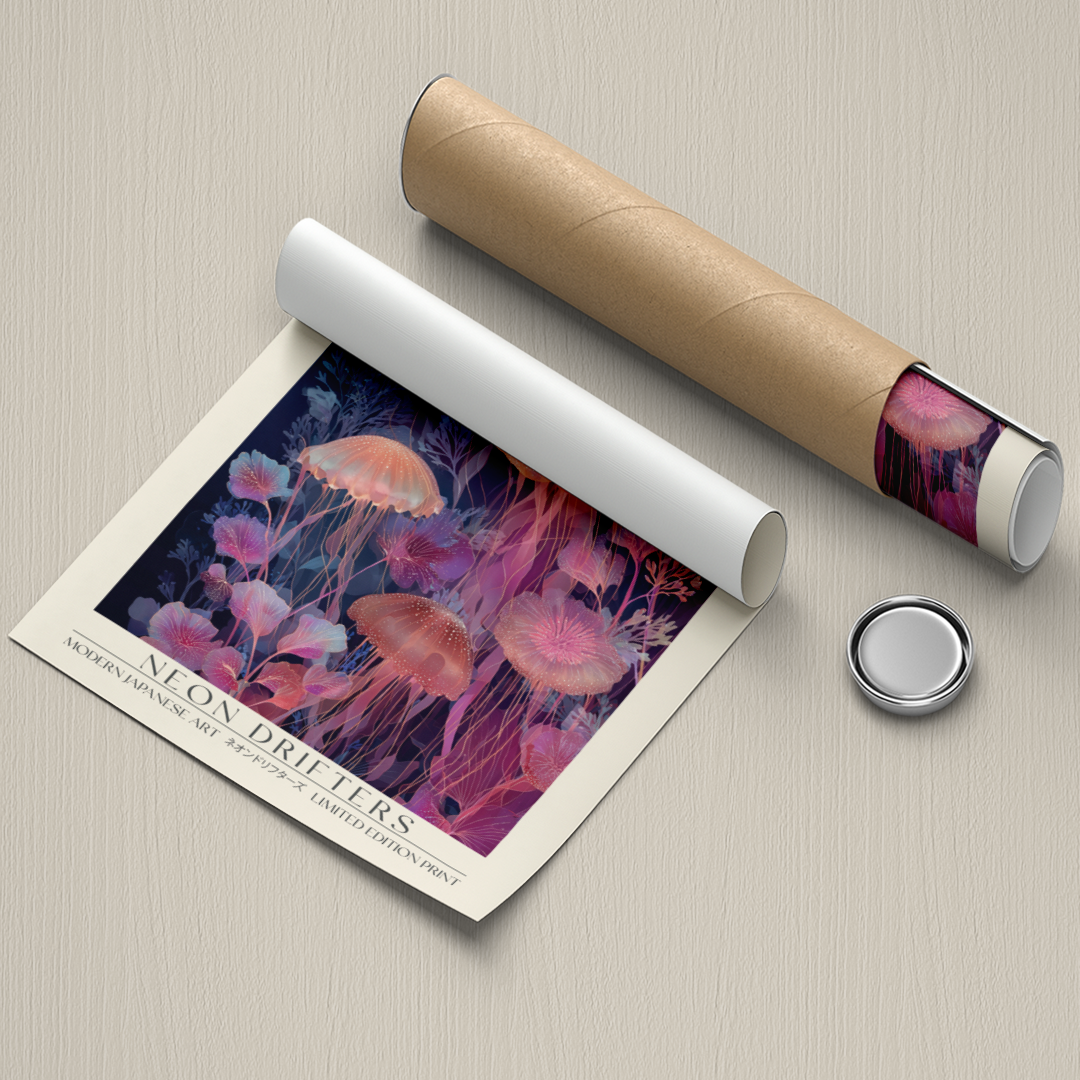 Art print of jellyfish with a cylindrical packaging on a textured surface