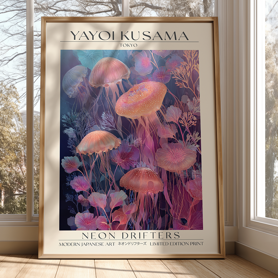 Framed Yayoi Kusama art print of jellyfish in a room with windows.