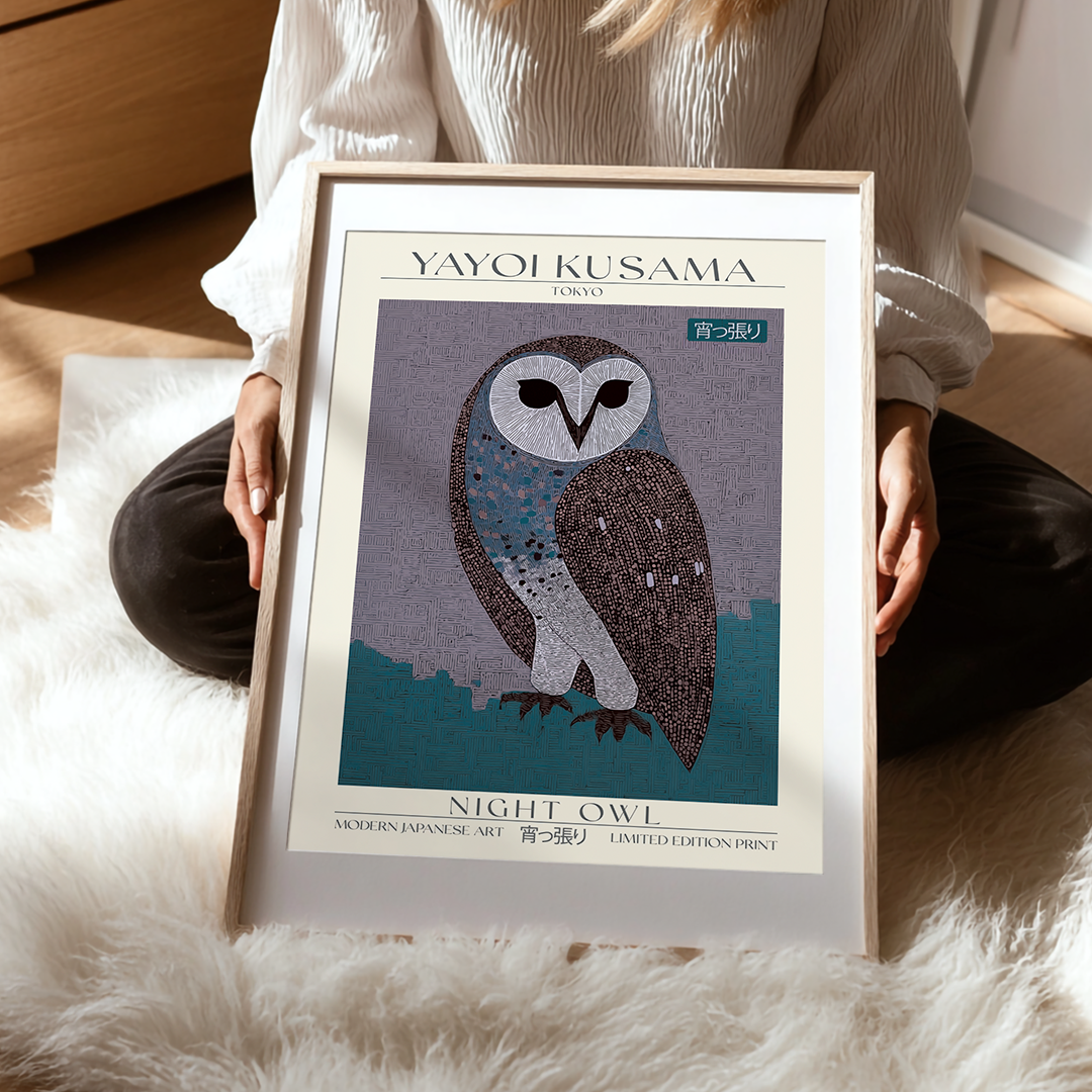 Contemporary Japanese art print of an owl in deep blue and muted purple tones with detailed textured patterns, Kusama-inspired design. Limited edition museum-quality print.