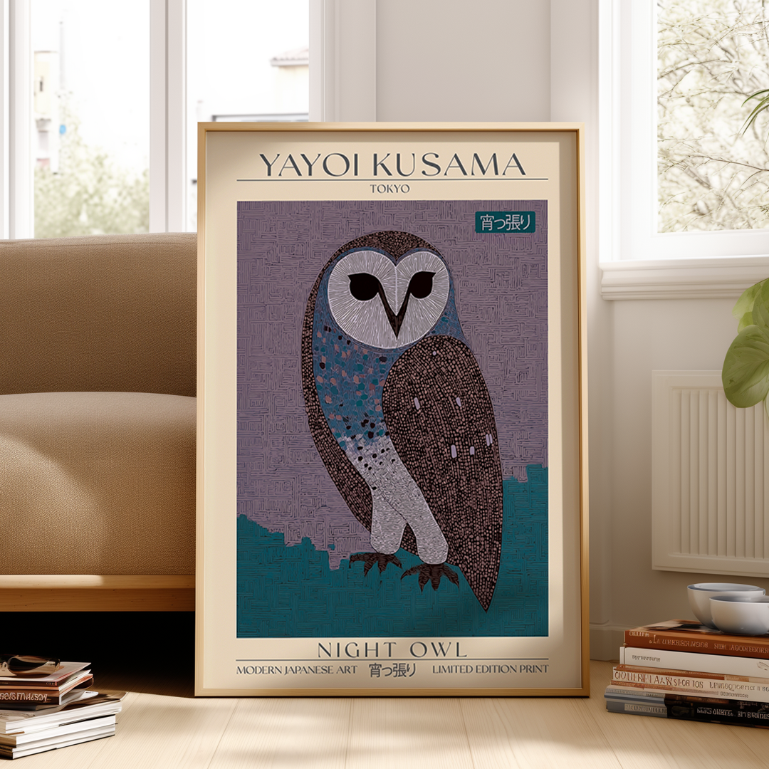 Contemporary Japanese art print of an owl in deep blue and muted purple tones with detailed textured patterns, Kusama-inspired design. Limited edition museum-quality print.